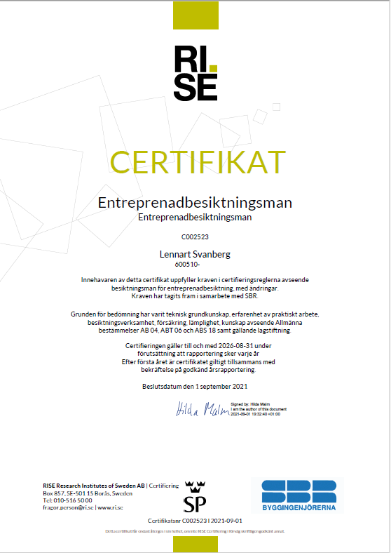 Certifikat Entreprenadbesiktningsman