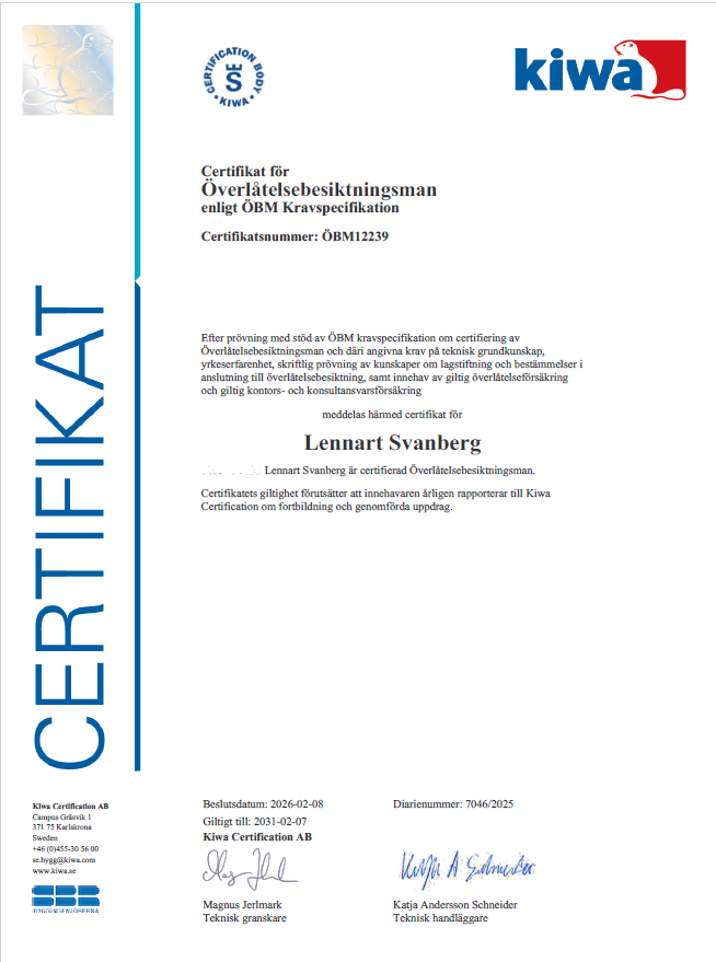 certifikat överlåtelsebesiktningsman